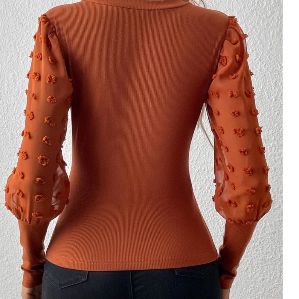 Fitted V neck Swiss Dot Puff Sleeve Top - Picture 7 of 10
